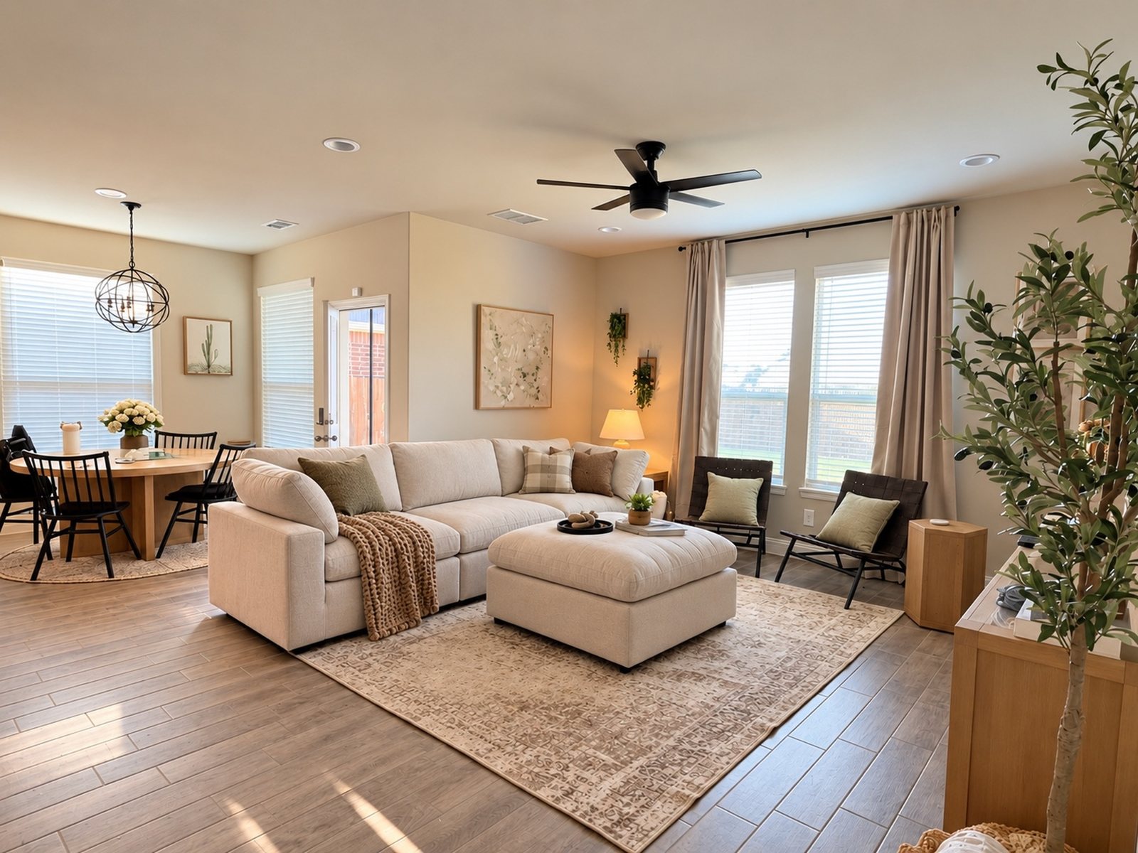 Living room open to the dining area, with wood floors and windows to the yard